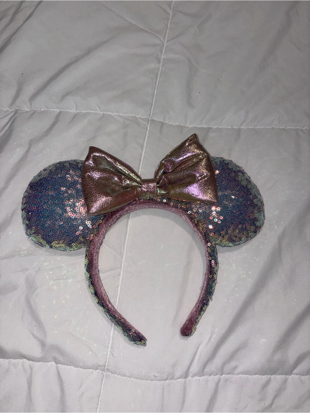 Iridescent Mouse Ear Headband with Shiny Pink Bow